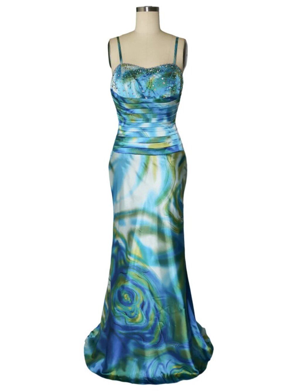 00s vtg abstract print ruched corset bodice cocktail prom dress